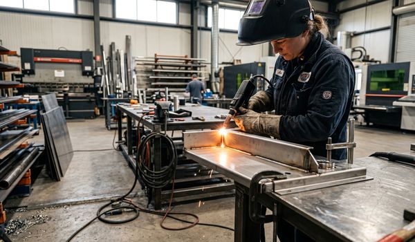 Metal fabricator using a handheld laser welding machine on a stainless steel workpiece in a fabrication shop