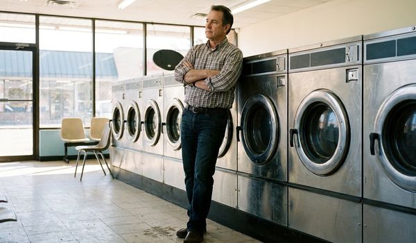 A laundromat business owner standing with arms crossed beside rows of stainless steel commercial washing machines inside a bright modern laundromat