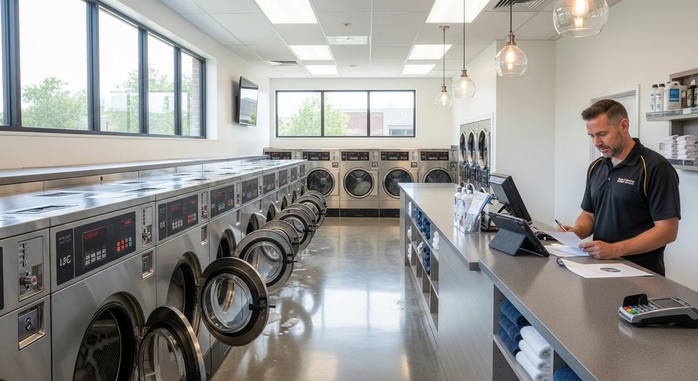 Modern laundromat interior with commercial washers and business owner reviewing documents at front counter