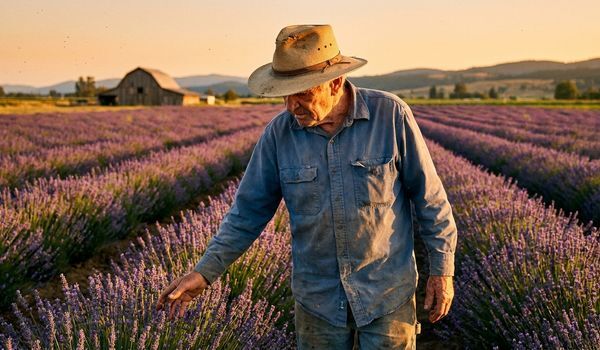 A lavender farmer in a straw hat walking through rows of blooming purple lavender on a commercial farm at golden hour