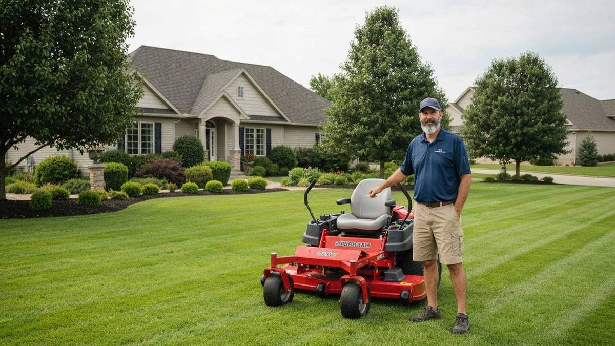 Professional lawn care business owner with commercial zero-turn mower on manicured residential lawn