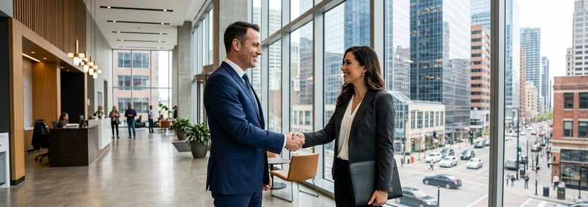 Business owner and agent shaking hands to finalize commercial lease deposit financing deal