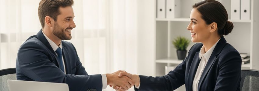 Business owner and lender shaking hands after completing a business loan agreement