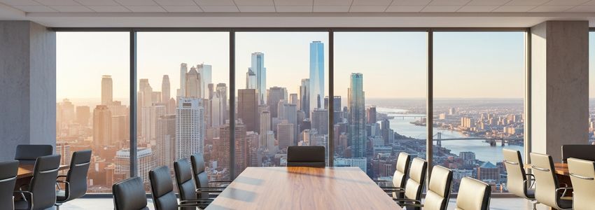 Modern corporate boardroom with city skyline representing business lending environment
