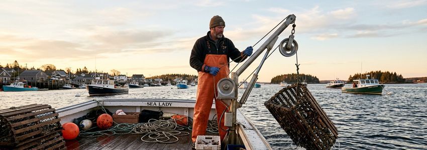 Commercial lobster fisherman hauling a lobster trap with a hydraulic pot hauler on a working lobster boat