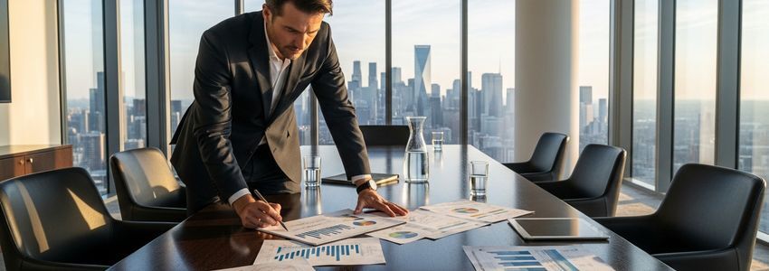 Business executive reviewing long-term financing strategy with financial charts in modern boardroom