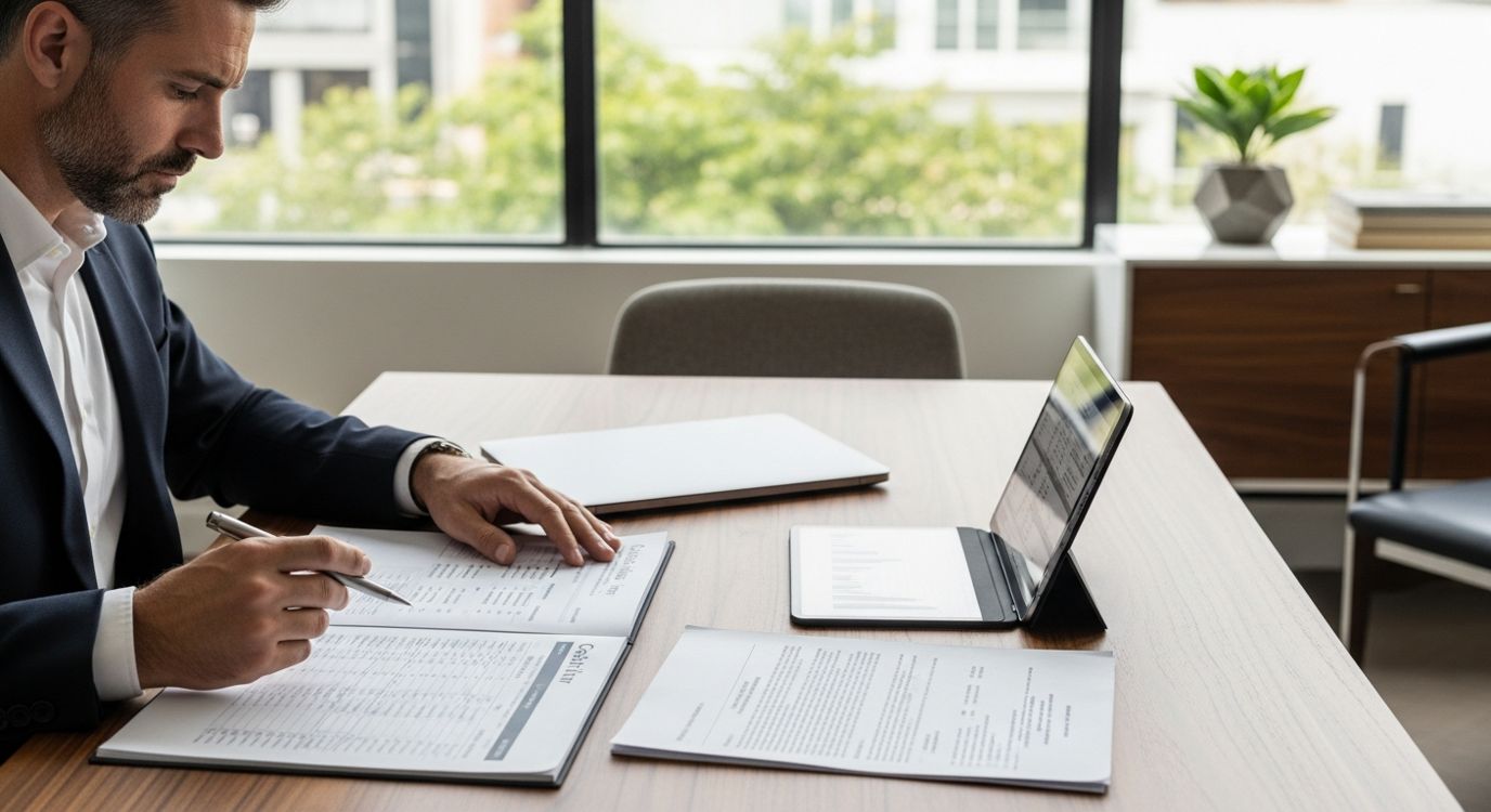 A business owner reviewing cash flow statements and loan options.