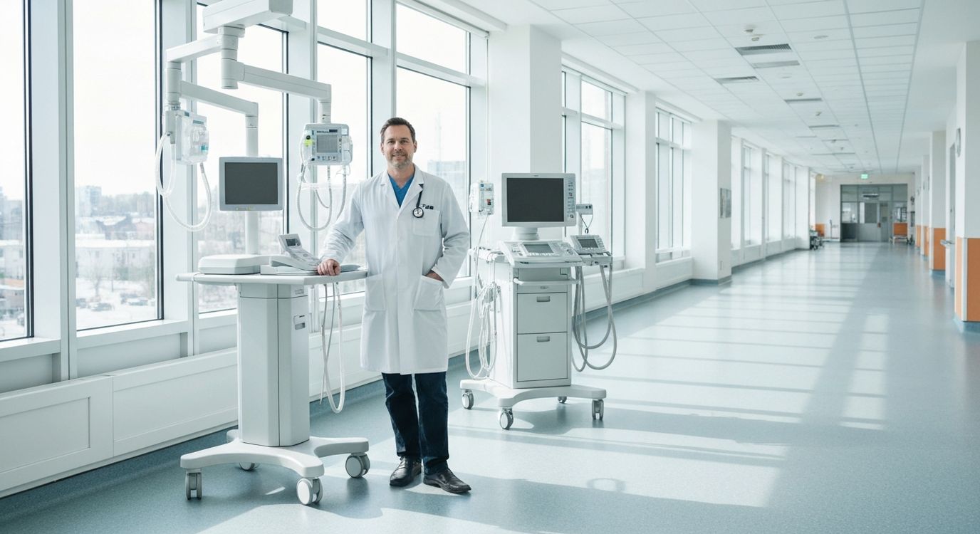 Medical professional examining diagnostic equipment in a modern hospital corridor