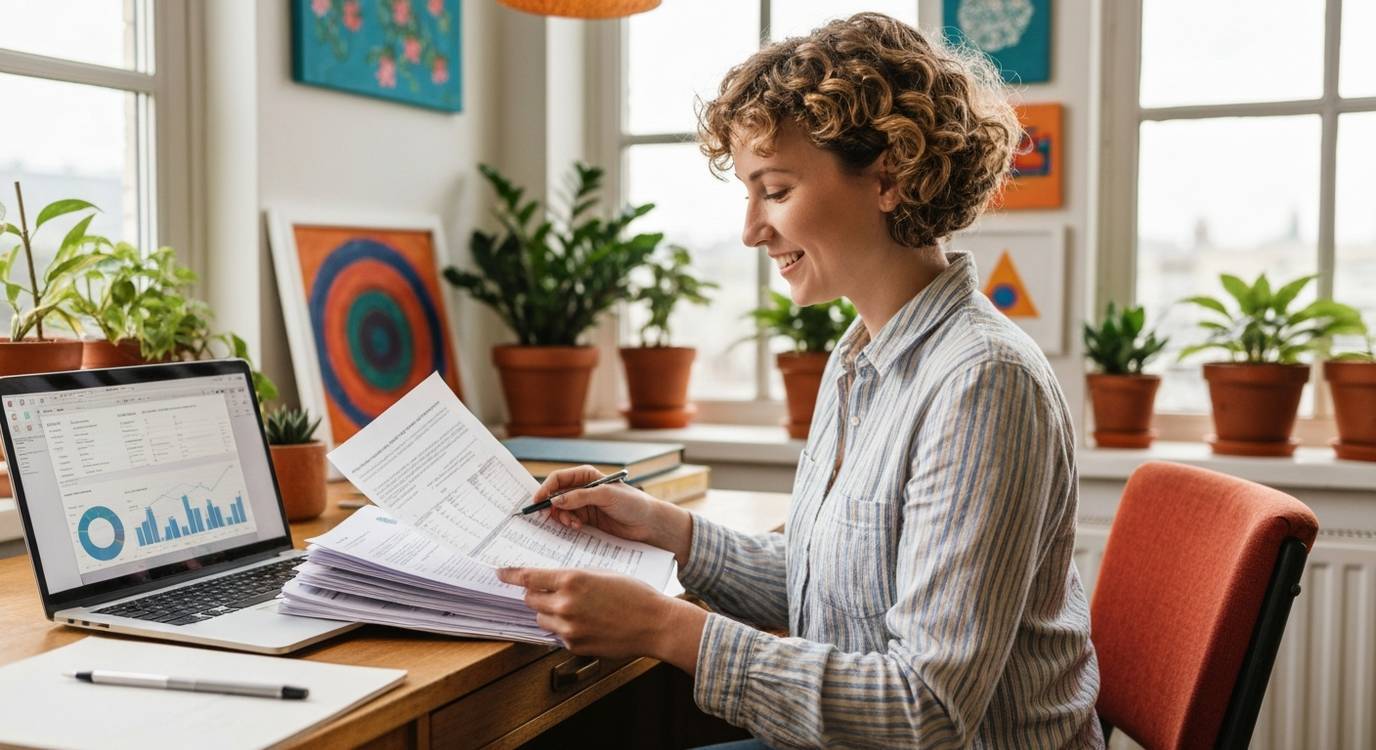 Small business owner reviewing financial documents at a modern office desk with laptop