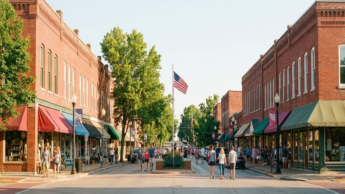Missouri small business main street district with thriving local shops and storefronts