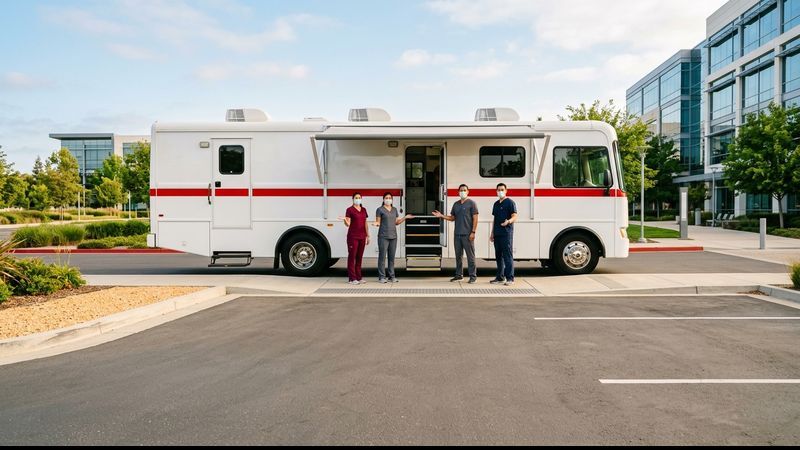 Medical professionals in scrubs standing at the entrance of a modern mobile blood donation bus parked on a corporate campus