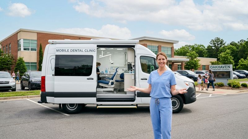 A dentist in blue scrubs standing beside a white mobile dental clinic van with the side door open, revealing a dental operatory interior, parked at an elementary school