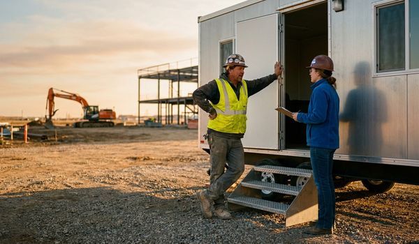 Contractor in a high-visibility vest and hard hat talking with a project manager at the open door of a mobile office trailer on a construction jobsite