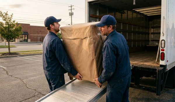 Two professional movers in navy uniforms loading wrapped furniture onto a box truck