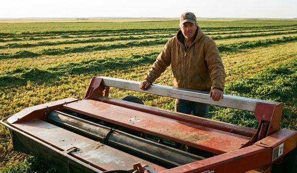 Farmer in a canvas work jacket standing beside a red pull-type mower conditioner in a freshly cut alfalfa field