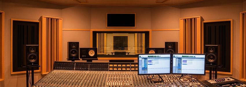Professional music production studio with mixing console and recording equipment representing business financing for music producers