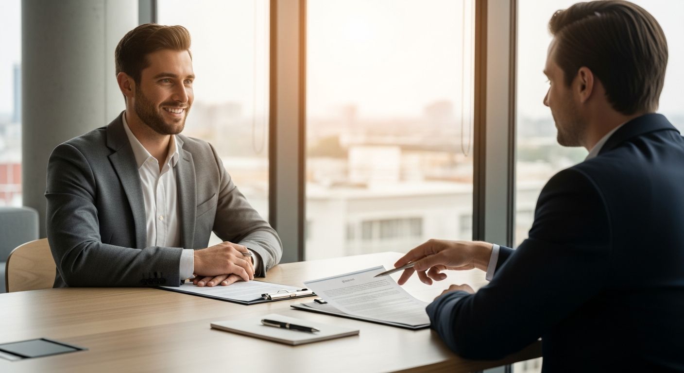 Business owner and loan officer reviewing minimal paperwork for no doc business loan at modern office