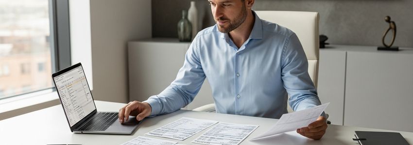 Business owner reviewing no-doc business loan documents at modern office desk