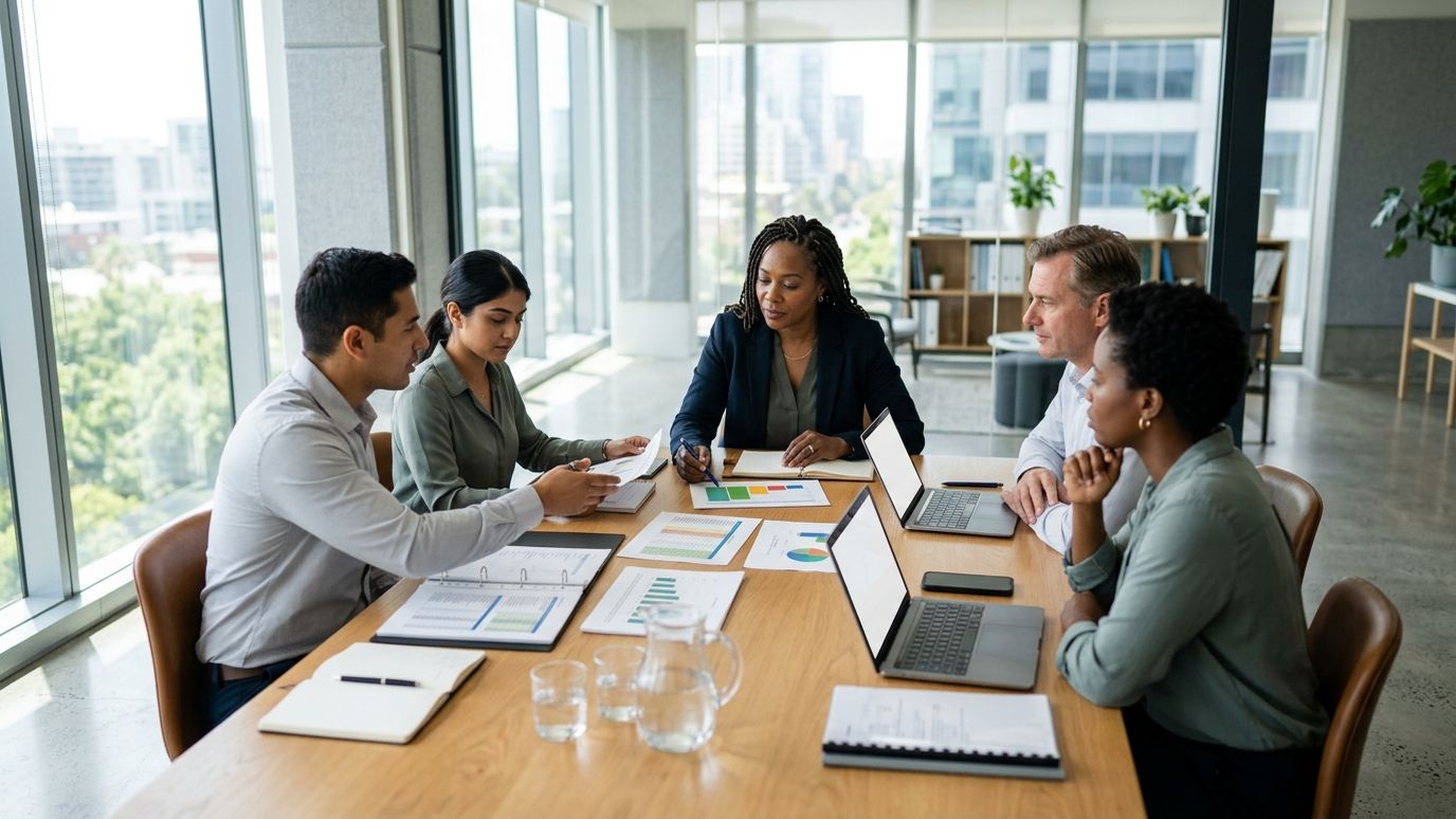 Nonprofit organization team reviewing financial documents and business loan options in a conference room