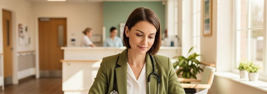 Nursing home administrator reviewing financing documents at senior care facility