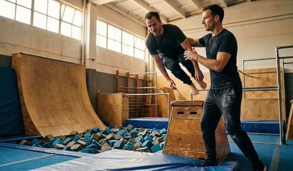 Coach spotting an athlete mid-vault over a wooden vault box in a parkour gym with a foam pit and obstacles