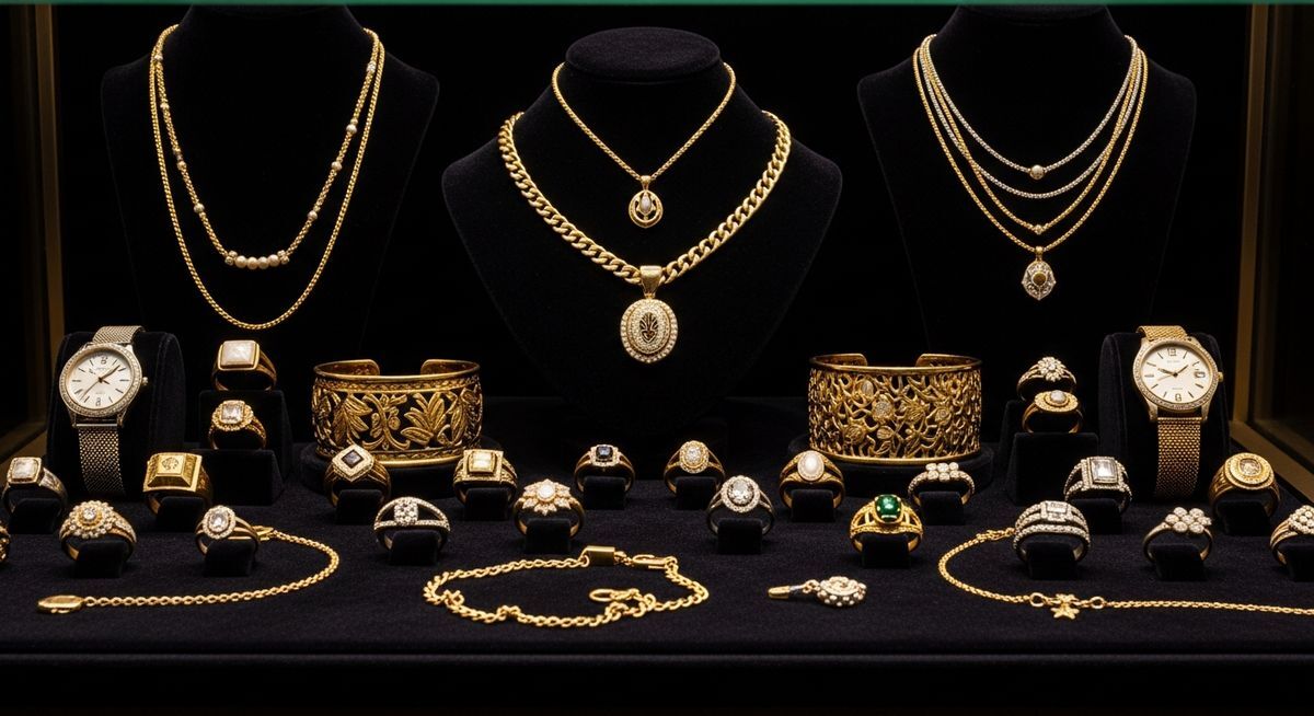 Pawn shop jewelry and watch display case showing business inventory