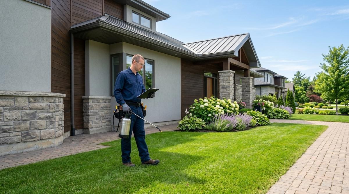 Pest control technician inspecting home exterior with sprayer and clipboard