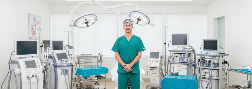 A plastic surgeon standing in a modern equipped cosmetic surgery clinic
