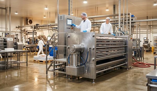 Two food processing workers in white coats and hairnets operating a stainless steel industrial plate freezer in a seafood processing plant