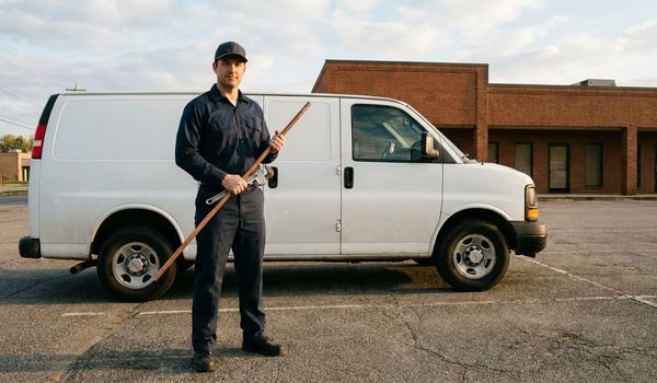 Professional plumber in a navy work uniform holding a copper pipe and pipe wrench beside a white service van in front of a commercial building