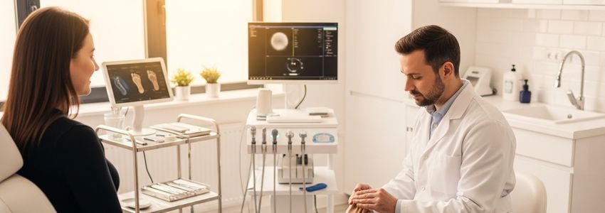Podiatrist examining patient foot in a modern medical clinic
