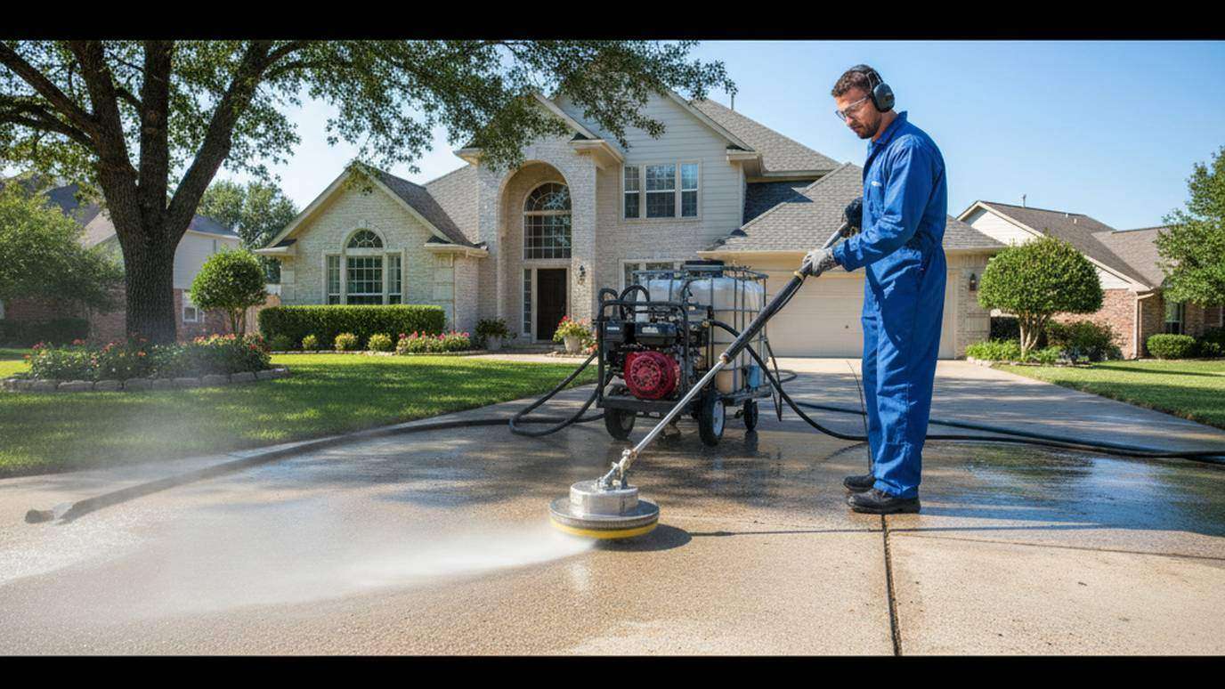 Professional pressure washing technician operating commercial equipment on a residential driveway