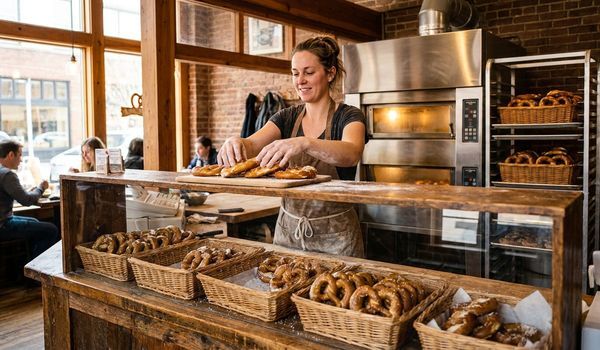 Baker arranging fresh soft pretzels on a wooden counter inside a pretzel shop with a deck oven and baskets of pretzels