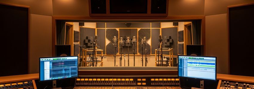Professional recording studio with mixing console and acoustic panels representing recording studio business loan financing