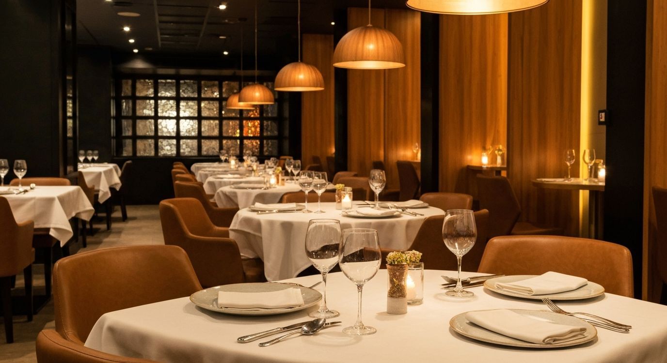 Modern upscale restaurant interior with elegant table settings and warm ambient dining lighting