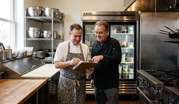 Chef and restaurant owner reviewing equipment financing paperwork together in a commercial kitchen beside stainless steel refrigeration and cooking equipment
