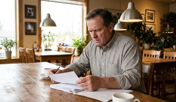 Restaurant owner reviewing financial paperwork at a wooden table in a warm restaurant dining room