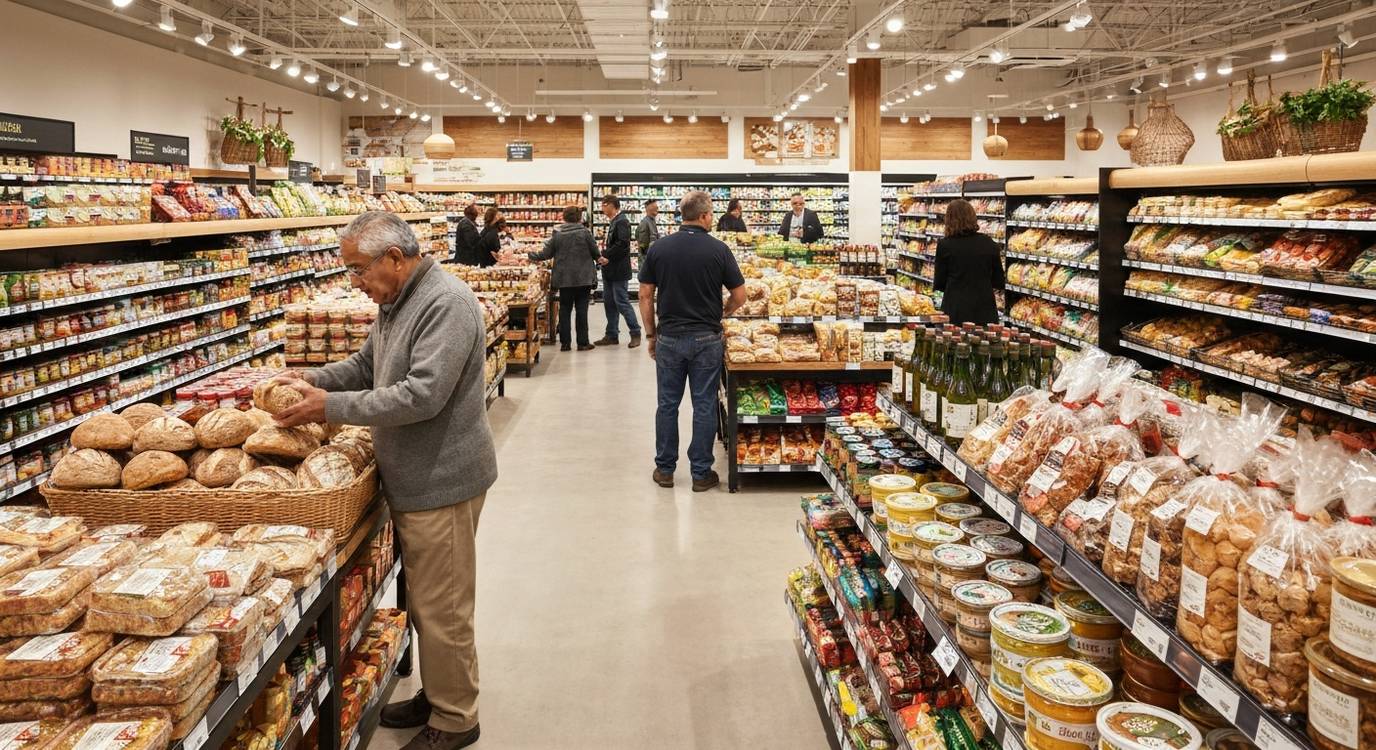 Well-stocked modern retail store with attractive merchandise displays and warm professional lighting