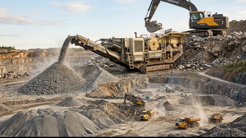 Track-mounted mobile jaw rock crusher processing stone at an aggregate quarry with an excavator and haul trucks