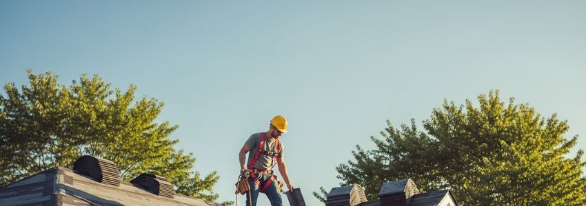 Roofing contractor working on residential roof installation