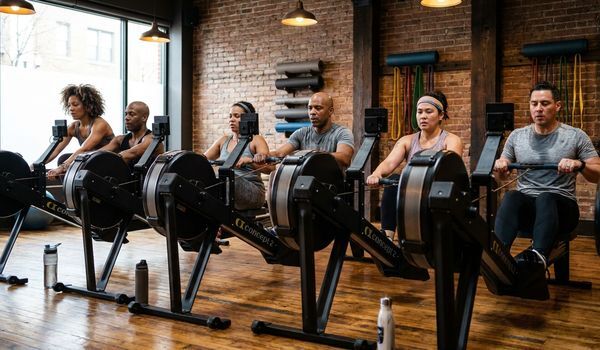 A group of athletes rowing in sync on indoor rowing machines during a class at a boutique rowing fitness studio with exposed brick walls