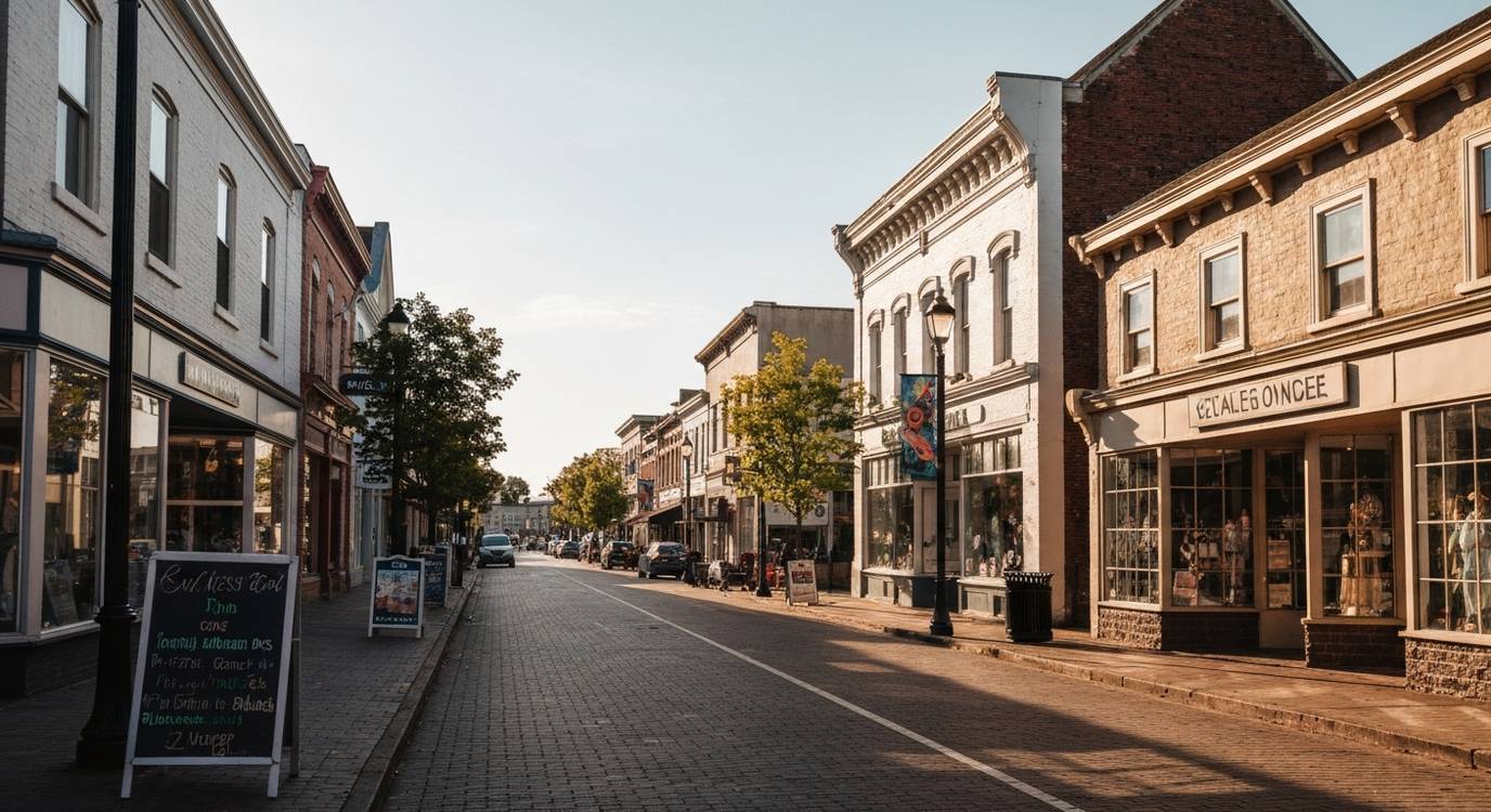 Thriving small town Main Street with local businesses in a rural American community