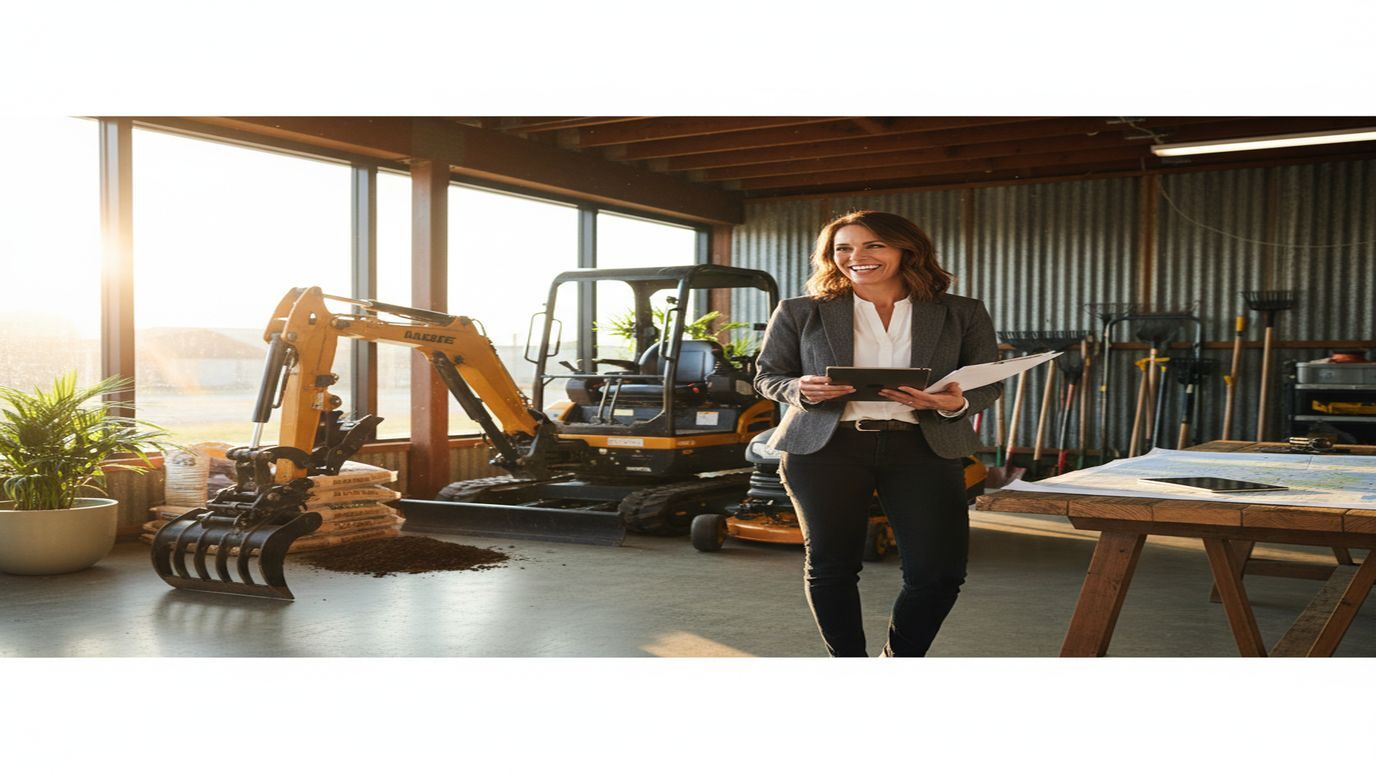 Seasonal business owner reviewing financial documents near landscaping equipment - seasonal business loans guide