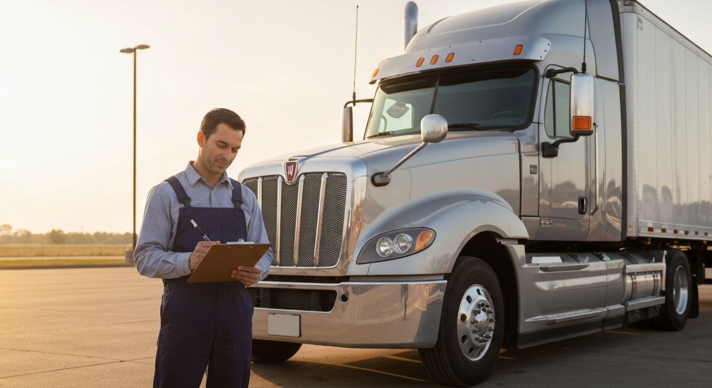 Owner-operator reviewing semi truck financing paperwork next to a semi truck