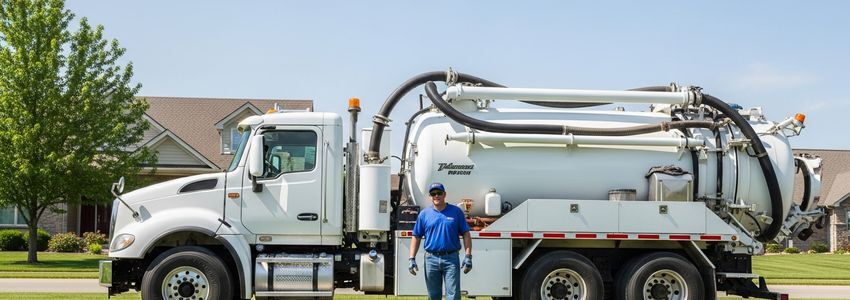 Professional septic service technician with vacuum truck at residential property