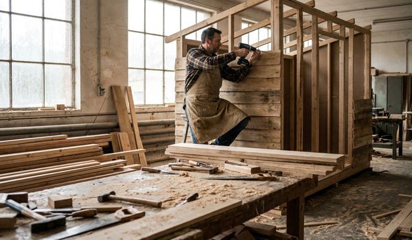 Carpenter in a canvas work apron building a wooden storage shed frame inside a spacious workshop with natural window light