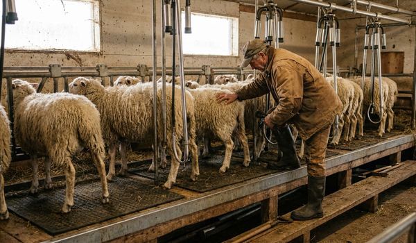 Farmer in a worn canvas jacket and cap tending East Friesian dairy ewes lined up in a stainless steel sheep milking parlor