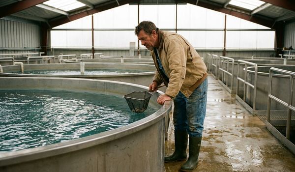 Shrimp farm worker inspecting round aquaculture grow-out tanks with a sampling net inside a commercial indoor shrimp farming facility