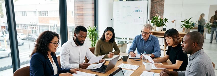 Diverse group of small business owners reviewing loan applications and financial documents in a professional office meeting