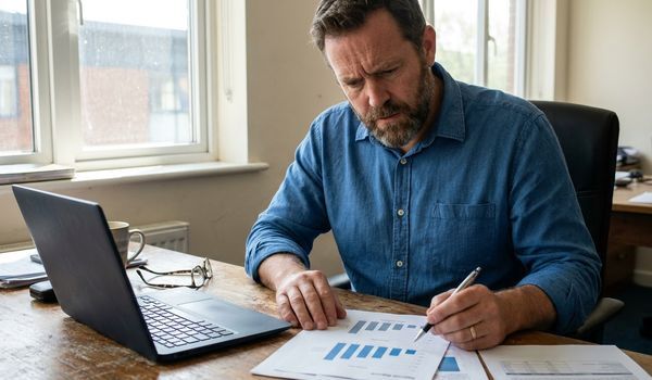 Small business owner reviewing printed financial reports with bar charts at a desk in a bright office